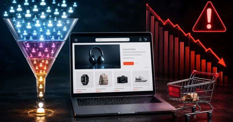 فروشگاه اینترنتی با نمودار نزولی فروش و سبد خرید خالی
