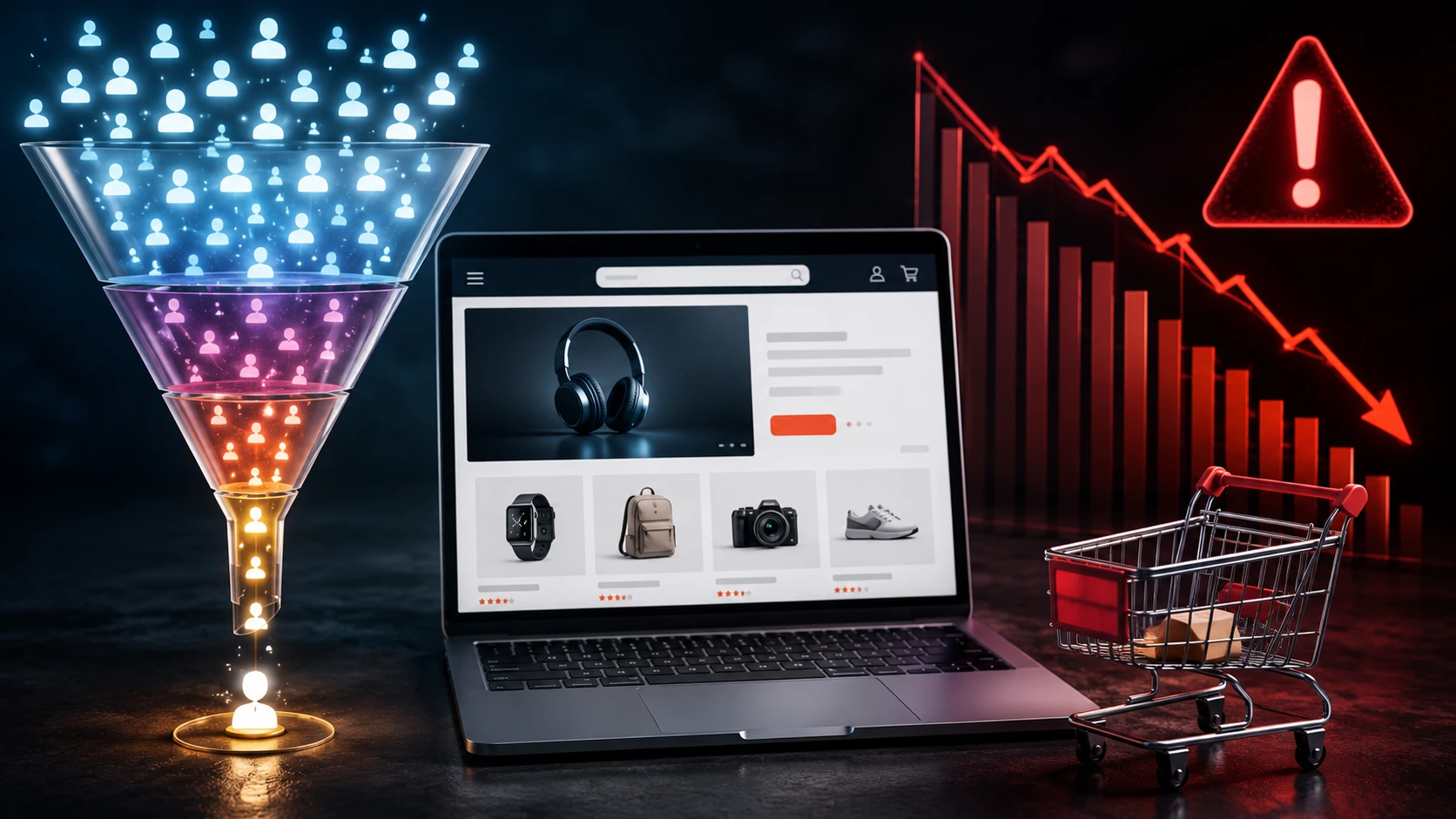 فروشگاه اینترنتی با نمودار نزولی فروش و سبد خرید خالی